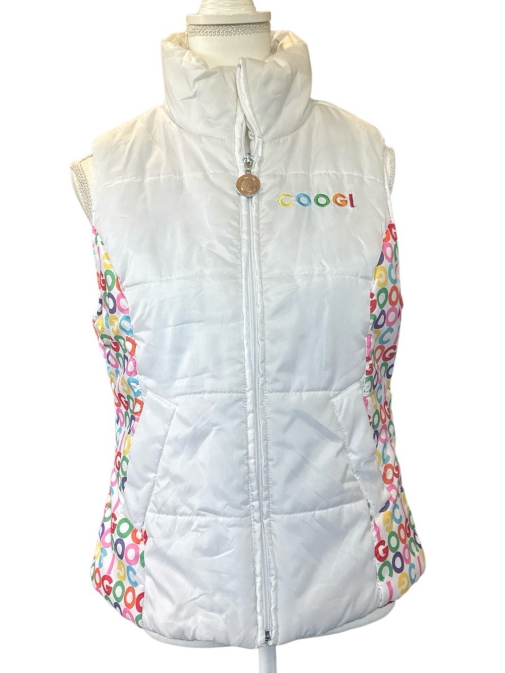 COOGI White Puffer Vest with Multicolor Logo size M
